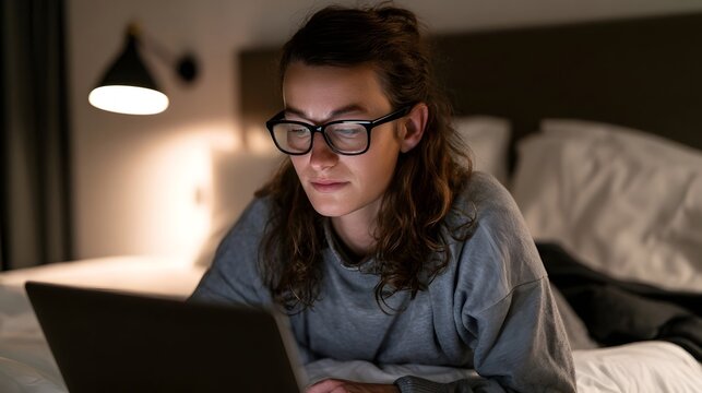 A person wearing glasses is focused on a laptop while sitting up in bed under warm ambient lighting