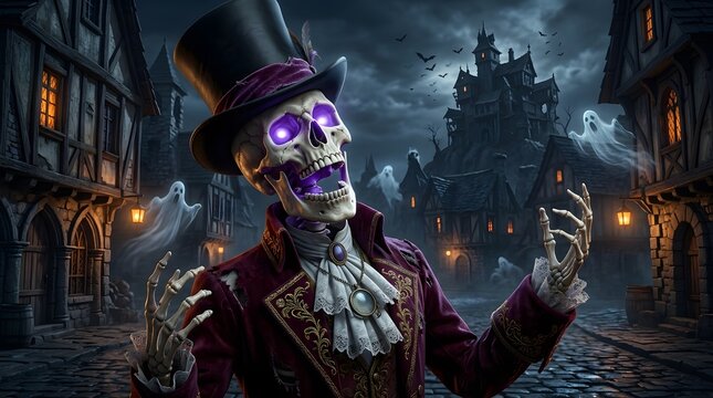 Skeleton character wearing a top hat in a spooky halloween village