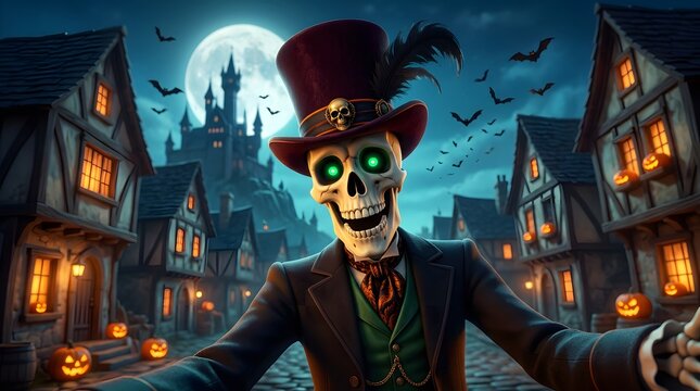 Skeleton character wearing a top hat in a spooky halloween village