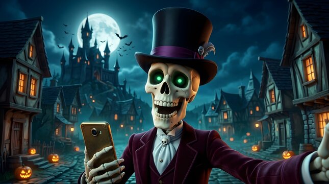 Skeleton character wearing a top hat in a spooky halloween village