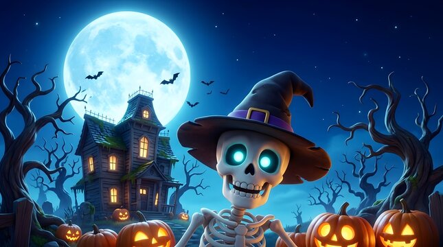 Spooky halloween village with glowing pumpkins and bats at night