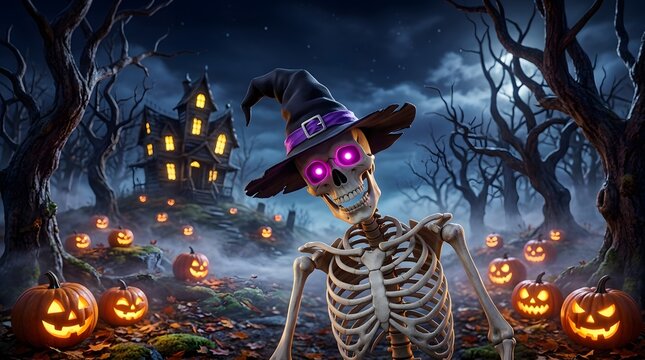 Spooky halloween village with glowing pumpkins and bats at night