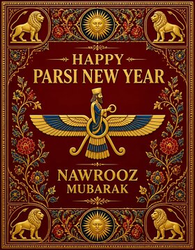 Happy Parsi New Year Nowrooz Mubarak with Faravahar symbol and traditional Persian design