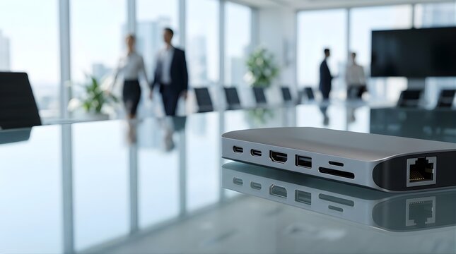 Modern multi port usb c adapter sitting on office conference table