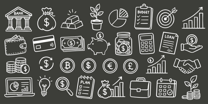 Money Savings Investment Hand Drawn Business Icons,
Accounting Finance Banking Outline Icon Pack