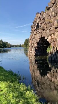 Woerlitz Garden Realm, Germany, lake and grotto vertical view 