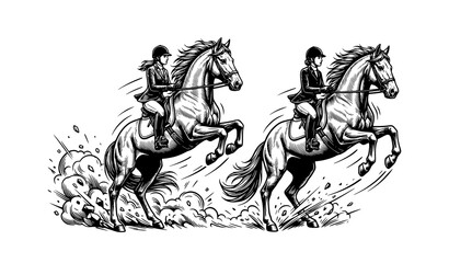 Fototapeta premium Black and White Rearing Stallion with Rider Engraved Vector Illustration