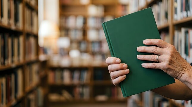 Adult male with light skin tone holding closed green hardcover book in library setting with blurred bookshelves background. Suitable for education, literacy, reading, and knowledge concepts.