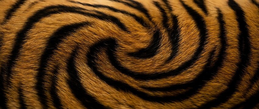 Generated tiger stripe swirl pattern with warm golden and black tones, creating dynamic spiral motion effect suitable for backgrounds, textiles, and design projects.