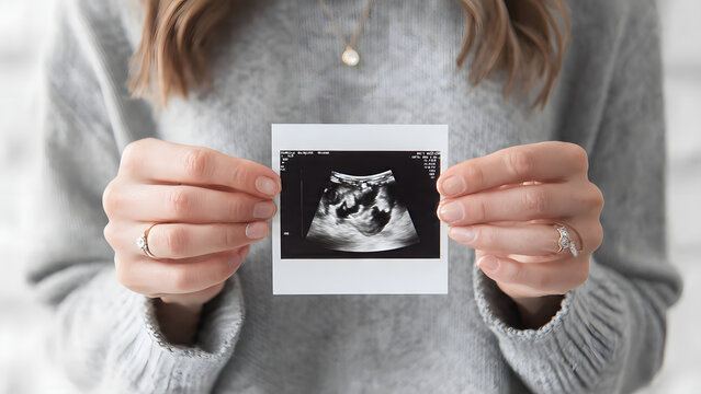 A woman holds a Polaroid photo of a sonogram showing a baby in the womb, symbolizing pregnancy and new life