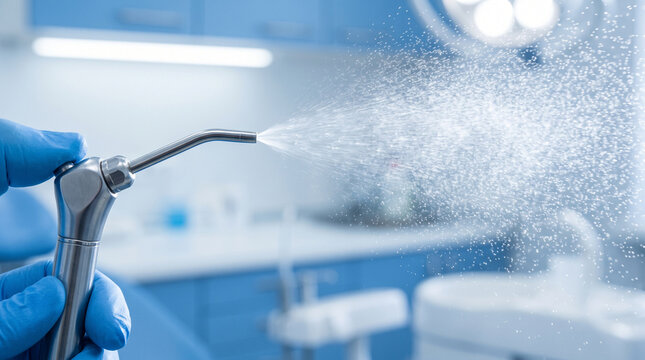A dentist hand in a blue latex glove holding a metal dental water syringe spraying a fine ad social media download thambnail poster web template event festival 2026 2027 2028