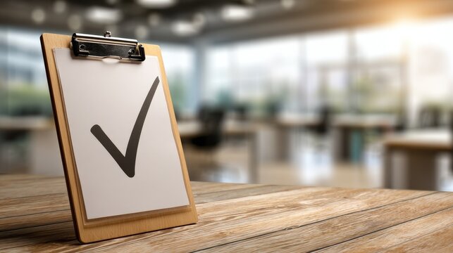 Successful task completion checkmark on clipboard office environment digital graphic minimalist viewpoint productivity concept.