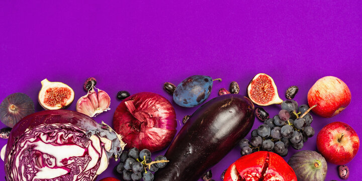 Blue, red and purple food. Culinary background of fruits and vegetables