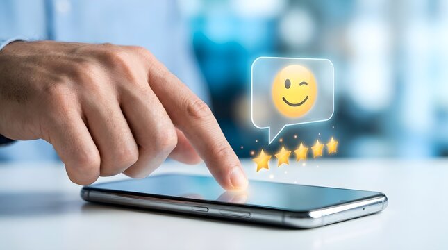 Hand touching smartphone screen with holographic customer feedback smiley face