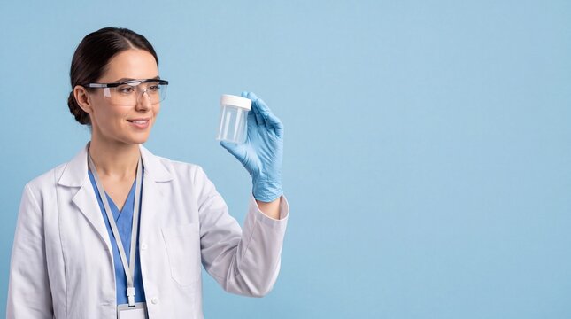 Smiling female scientist wearing a white lab coat and protective safety glasses holding a ad social media download thambnail poster web template event festival 2026 2027 2028