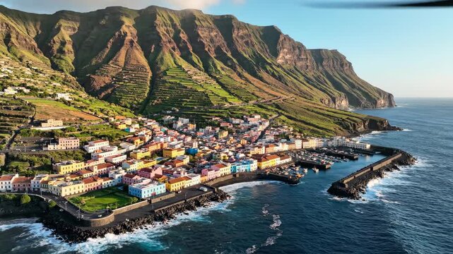 Aerial view of a colorful coastal town nestled against green mountains