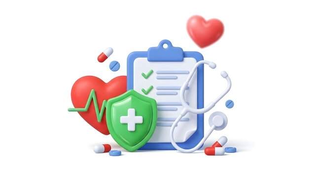 3D medical concept with clipboard shield heart and stethoscope, insurance