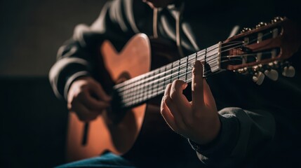 Obraz premium Close-up of a person playing an acoustic guitar in a dimly lit room, showcasing the focused hands and the rich tones of the instrument.