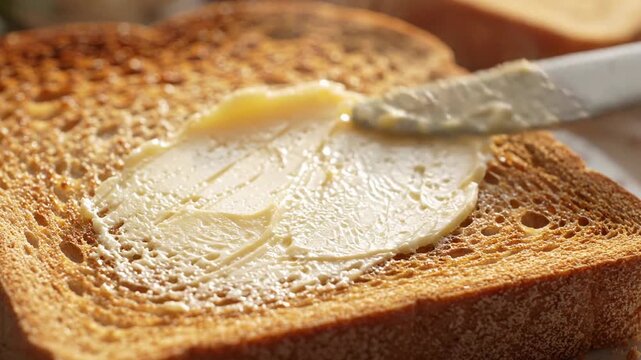 Close-up of knife spreading butter on bread, morning meal scene