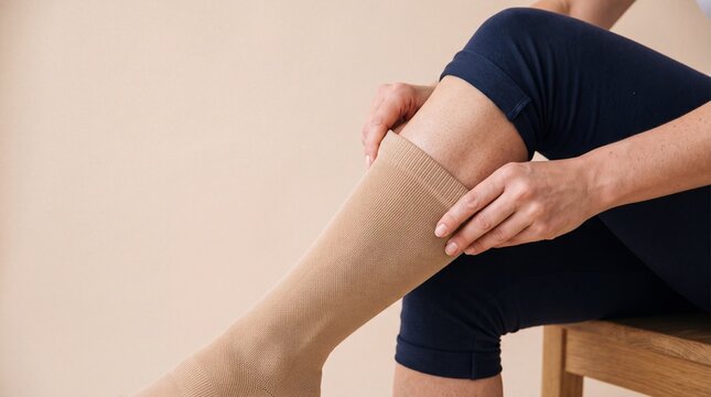 A person sitting on a wooden chair while putting on a beige compression stocking on their ad social media download thambnail poster web template event festival 2026 2027 2028