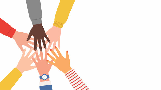 Diverse group of people putting hands together for teamwork and unity concept
