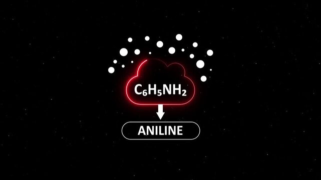 Aniline chemical formula c6 h5 nh2 animation with molecular structure and glowing neon cloud effect