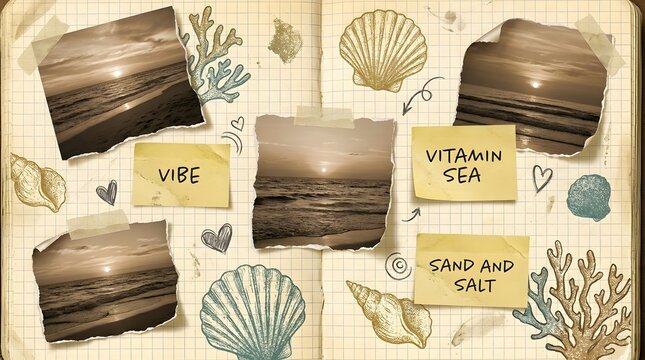 Creative travel scrapbook layout with beach photos and seashell illustrations