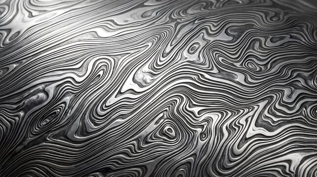 Damascus steel metal texture with swirling liquid patterns of folded alloy in polished gray metal.