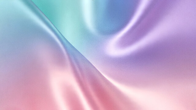 Abstract grainy background with luxurious flowing pastel silk fabric waves in mint green light blue soft purple and blush pink gradient colors.