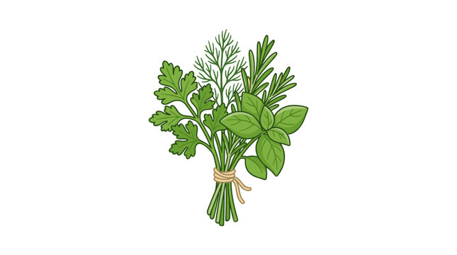 A bundle of fresh green herbs tied with twine isolated on white background