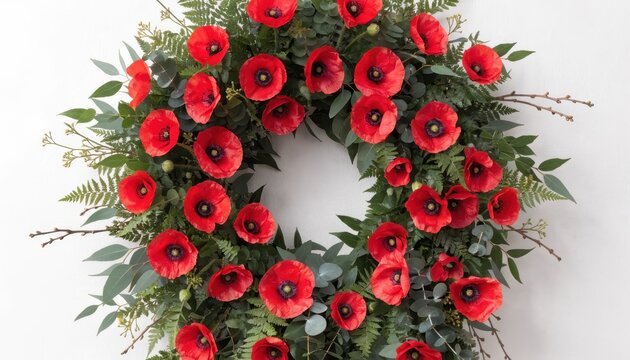Colorful Christmas Wreath with Red Roses Orange Gerbera Daisies and Floral Greenery Isolated on White Background for Festive Holiday Decoration