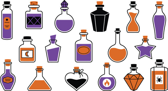 Collection of decorative halloween potion bottles with magical liquids and labels