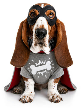 Cute basset hound dog wearing superhero costume with eye mask and cape featuring white bone on gray T-shirt, funny studio portrait of adorable pet isolated on white background with playful expression