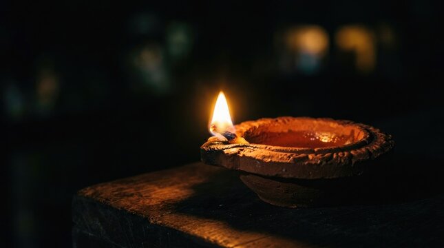 Single traditional clay oil lamp diya glowing in darkness with darkness tradition festival
