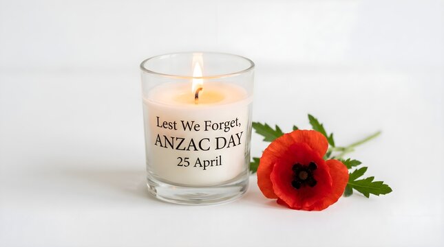 Memorial anzac day candle with lit flame and red poppy flower, memorial