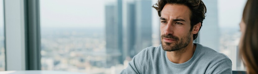 Fototapeta premium Thoughtful man in a corporate meeting with city skyline for business discussion background and executive banner