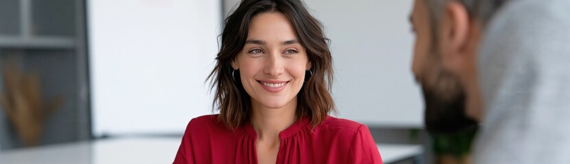 Fototapeta premium Female professional smiling during an office meeting with a colleague for corporate banner and website background