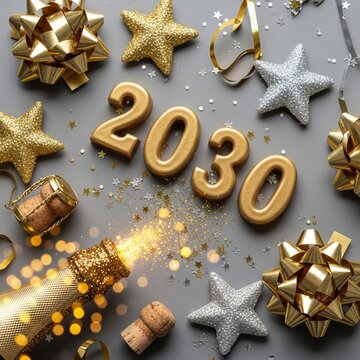 Sparkling 2030 New Year's Eve Celebration with Champagne and Festive Decorations
