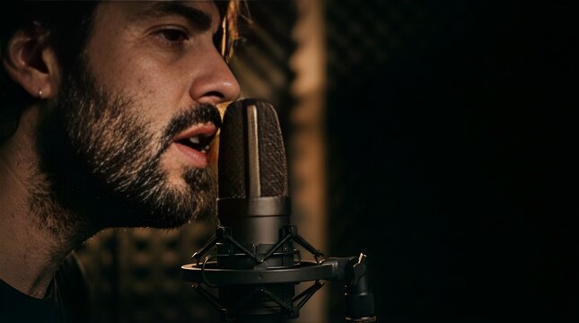 Bearded man singing into a professional condenser microphone in studio