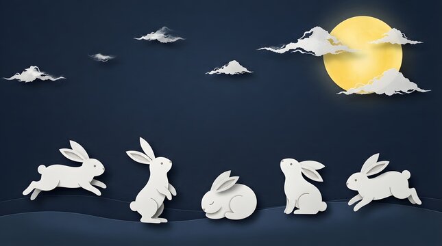 Paper cut style illustration of cute white rabbits jumping and sitting under a bright full moon for the traditional mid autumn festival china celebration event