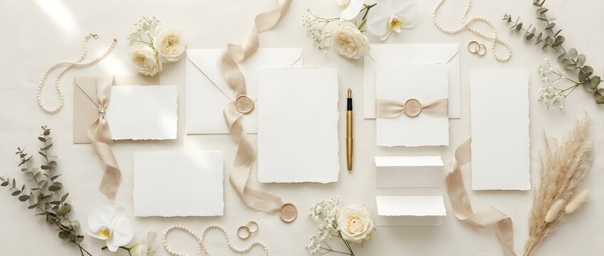 Blank Handmade Cotton Paper Wedding Stationery Mockup Ivory and Champagne