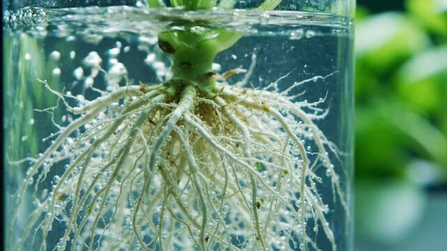 Roots of a Healthy Plant in Clear Water with Tiny Oxygen Bubbles Representing Scientific Research and Hydroponic Cultivation