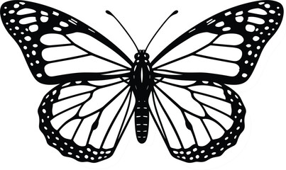 Monarch butterfly vector icon with bold black stencil outlines and symmetrical open wings isolated on white background © MDMOSTOFA