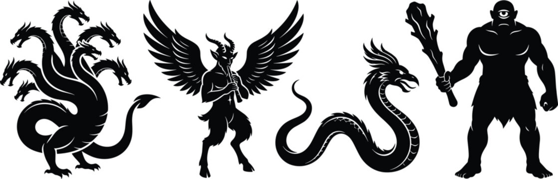 Mythological and Fantasy Creature Silhouette Set featuring Hydra Satyr Serpent and Cyclops for Epic Designs