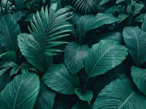 Lush tropical green leaves background pattern