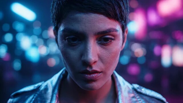 Woman face with digital glitch overlay in neon city at night