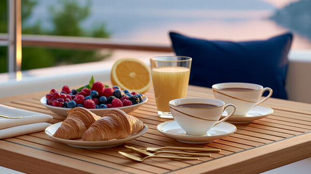 Breakfast table setting with croissants, fresh berries, orange juice, and coffee cups on a wooden table with a scenic view in the background