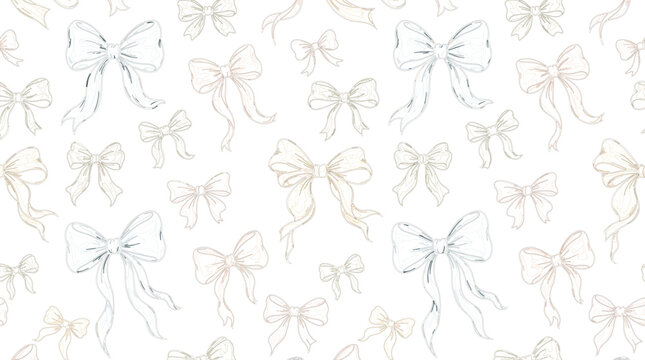 Seamless pattern background featuring delicate hand drawn ribbon bows with soft pastel color highlights for textile wallpaper vectors