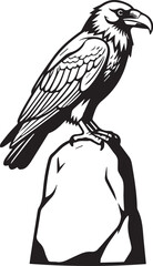 Obraz premium A bold raven perched atop a rugged stone, its watchful gaze fixed on the horizon. A classic woodcut illustration exuding a sense of strength and vigilance.