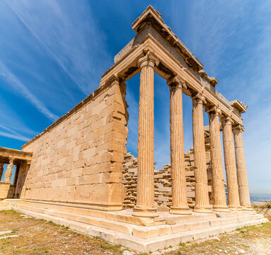 A view across the Acropolis citadel  towards the front and side of the Erechtheion in Athens, Greece in early summertime